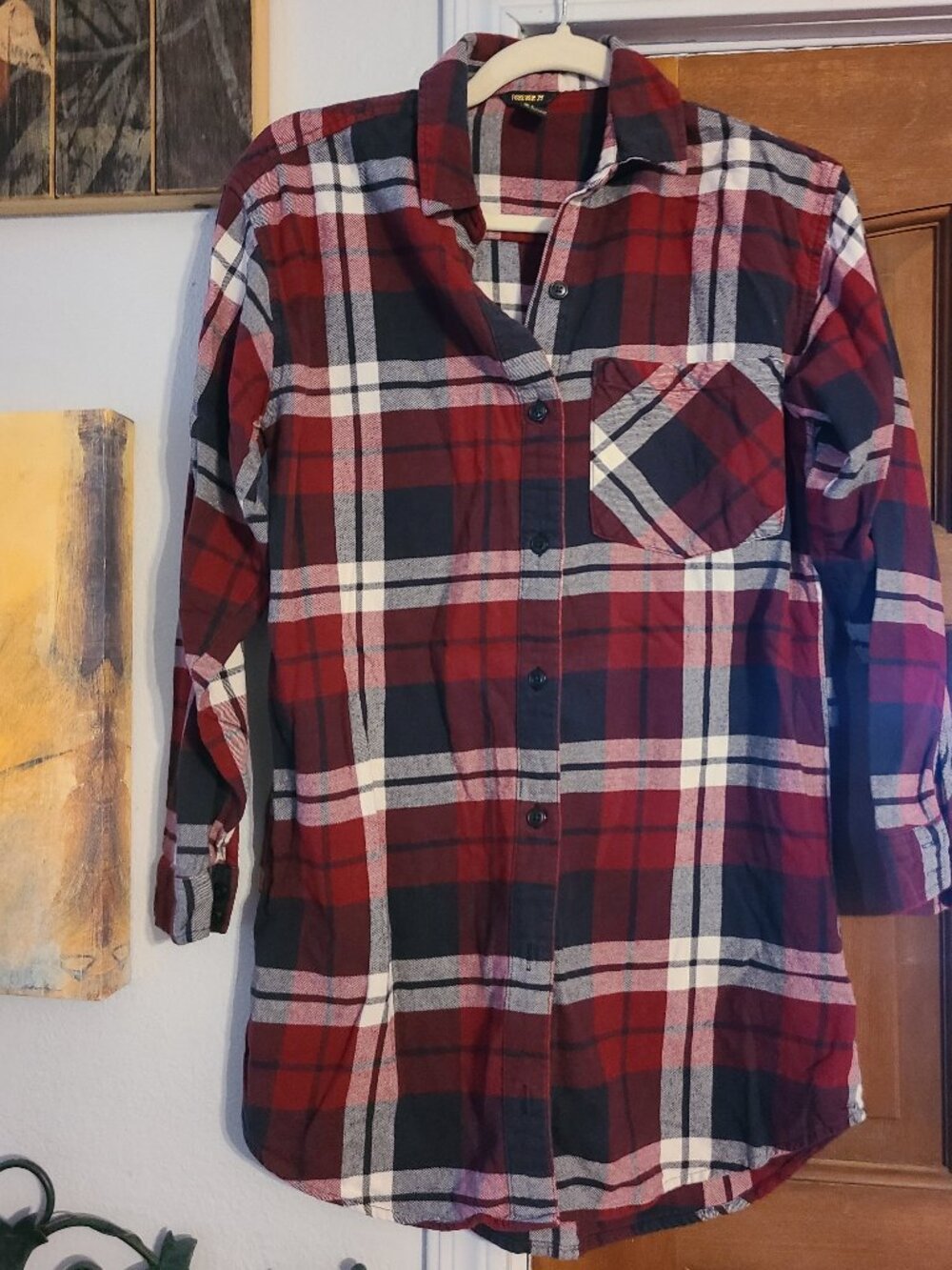 Forever 21 Long Sleeve Plaid Flannel Button Down 1 Pocket Long Shirt Size S
